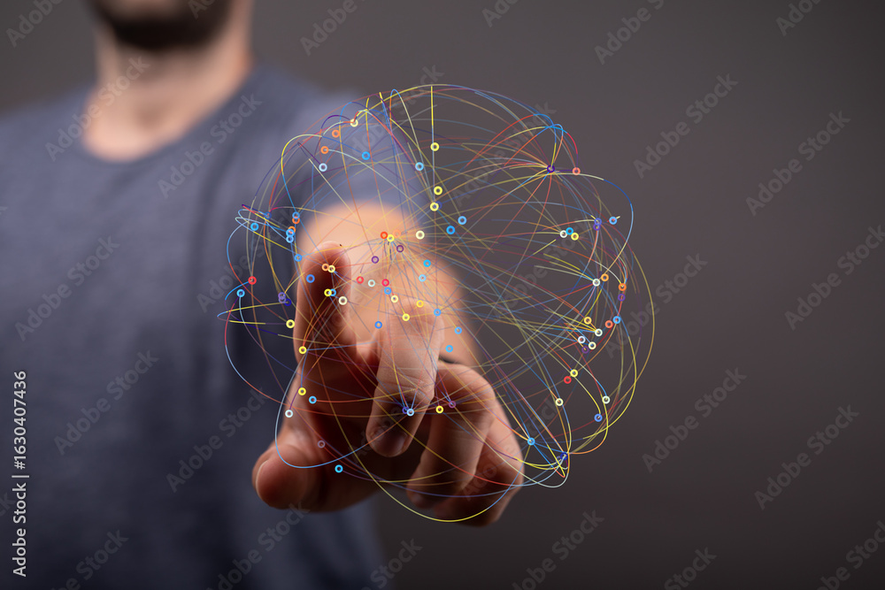 Poster interactive network visualization. concept of global connection, data, technology, and innovation.