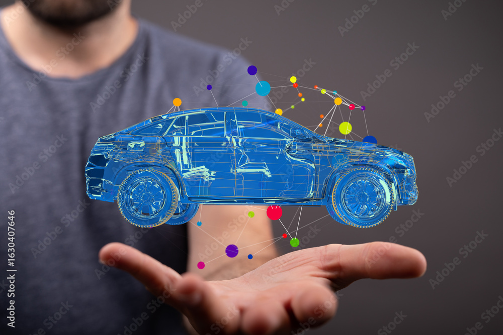 Aufkleber conceptual image of a digital car model hovering above a hand, representing innovation in automotive