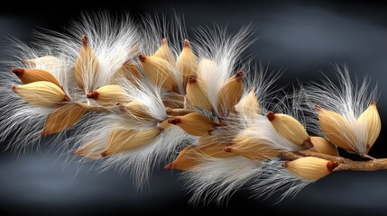 Close-up of a branch with fluffy seed heads and silky hairs on a dark background