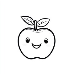 Cute, cartoon apple with happy expression.  Simple black outline drawing of an apple with large, round eyes, a small smile, and two leaves on top.  Friendly, childlike style
