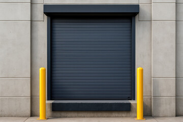 Closed gray roller door in industrial warehouse loading bay, secured by yellow bollards, showcases modern concrete structure