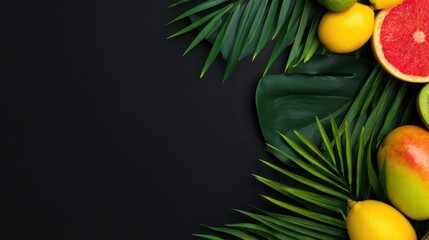 Vibrant assortment of tropical fruits arranged on lush green palm leaves against a dark background