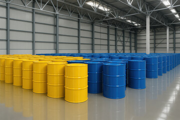 Industrial warehouse with shiny yellow and blue chemical barrels aligned on glossy floor, showcasing modern logistics storage facility