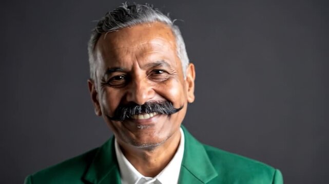 A middle-aged man smiles, wearing a green suit and white shirt against a grey backdrop. He has a large mustache