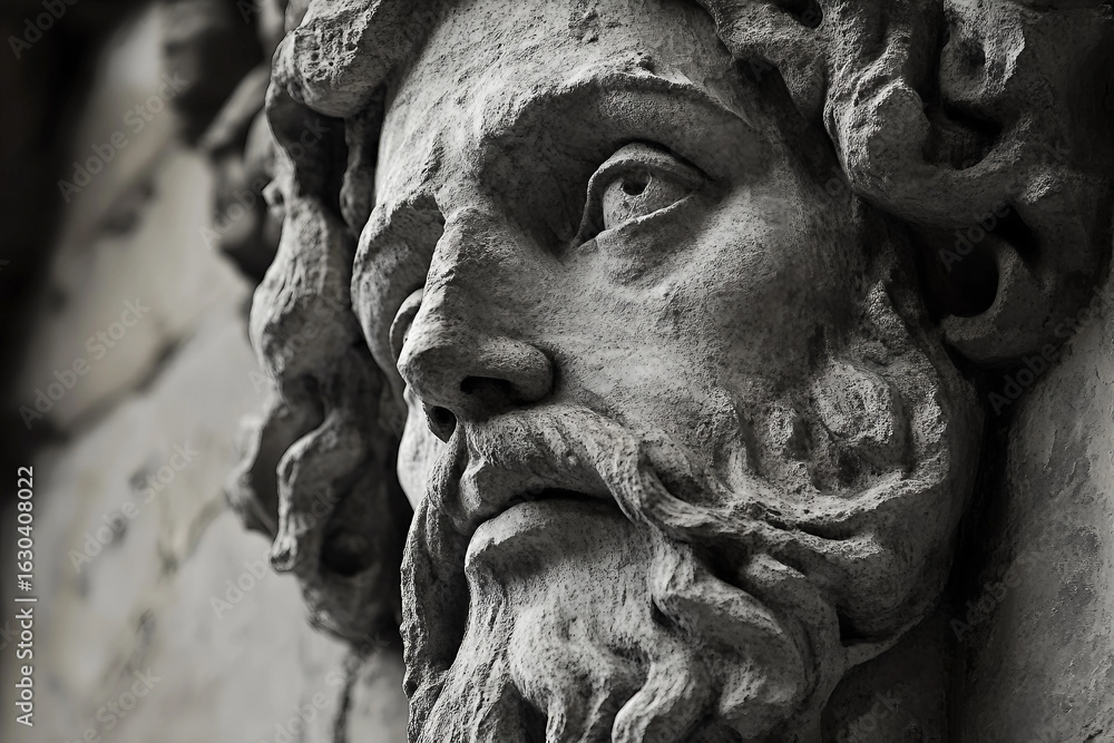 Poster generative ai bas-relief of a mythological face surrounded by nature elements in ancient artistic st