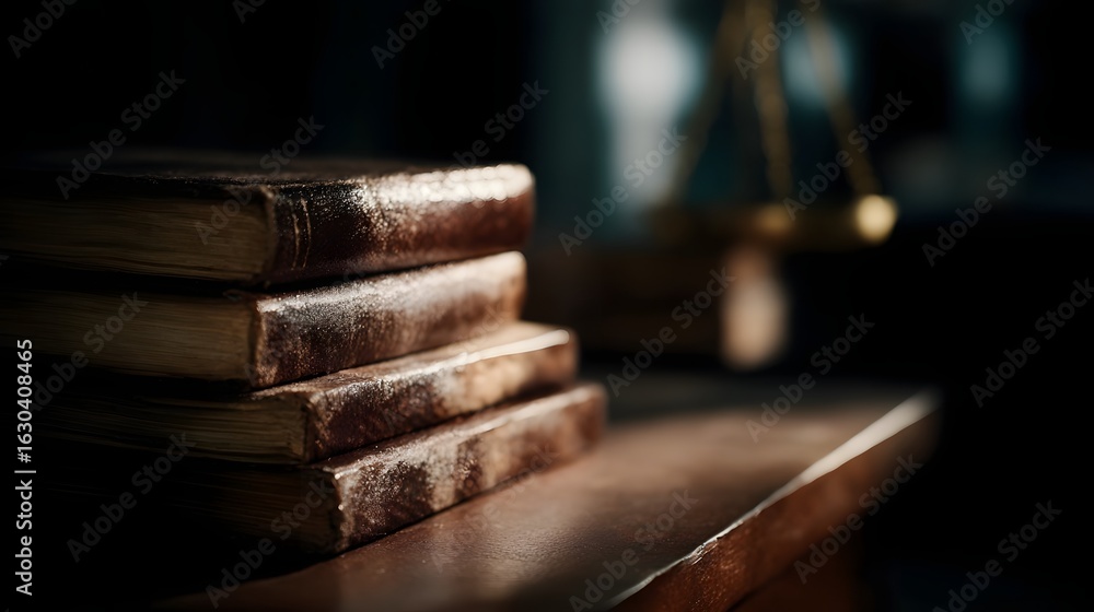 Poster a stack of law books on an attorney s desk in a professional setting long title a stack of weathered