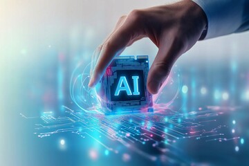 A human hand touching a high-tech AI chip