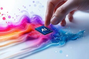 A human hand touching a high-tech AI chip