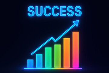 Neon colored success bar chart with upward arrow and glowing SUCCESS title represents financial growth and achievement