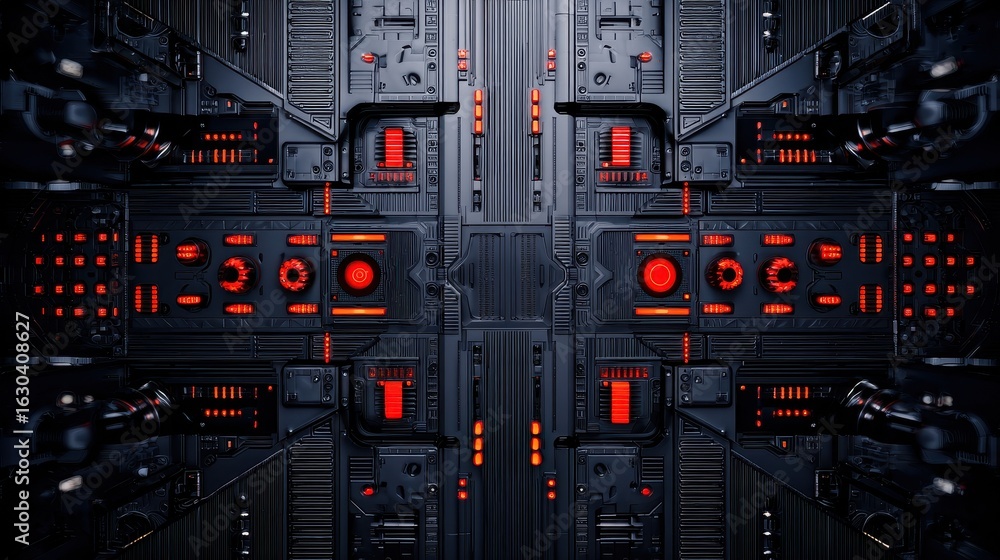 Poster futuristic corridor with glowing red lights and intricate patterns, creating a sci-fi atmosphere