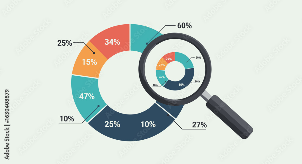 Poster analyzing business data with magnifying glass and pie chart infographic