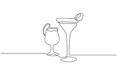 Continuous one line drawing of exotic cocktail drinks vector illustration. Editable outline