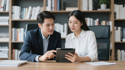 Two professionals discussing over a digital tablet in a modern office setting.