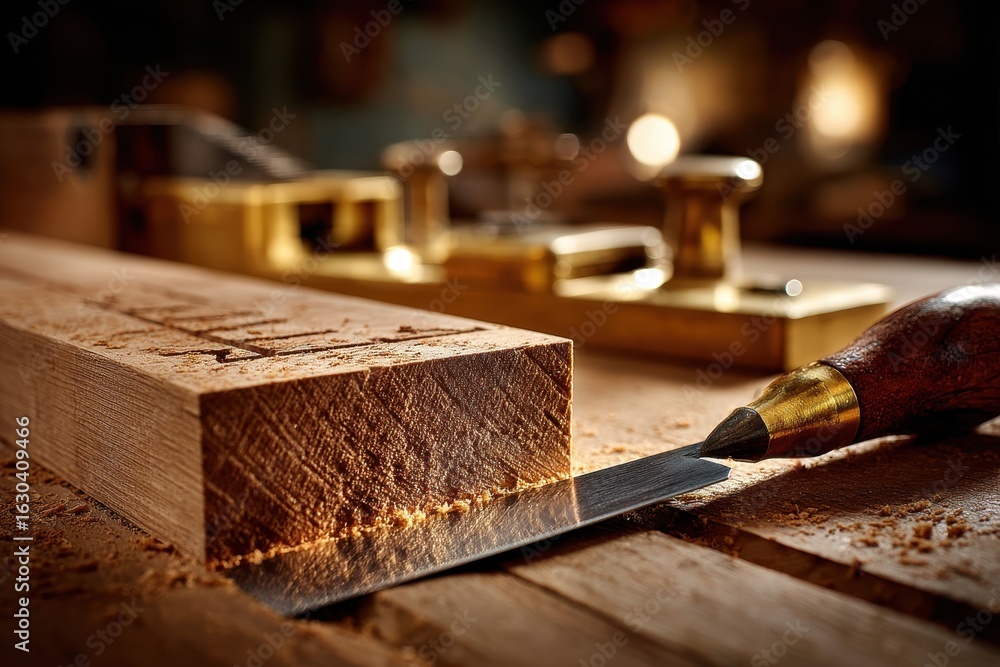 Poster sharp chisel poised at marked wood block, highlighting craftsmanship.