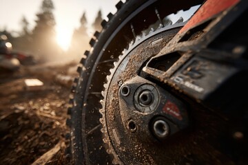 Close-up of a dirty mountain bike wheel on a dusty trail during golden hour.
