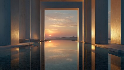 Light-filled, modern space with sunset reflecting in a pool.  Gray pillars frame a serene view of a sunset over water, creating a peaceful, minimalist aesthetic