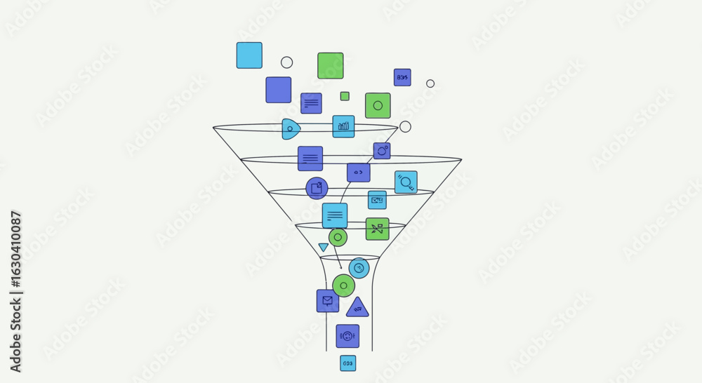Poster data filtering process with colorful icons in funnel shape illustration
