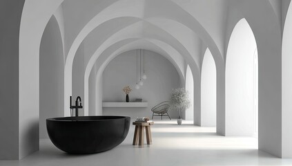 Modern, minimalist bathroom with arched vaulted ceiling