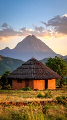 African hut at sunset