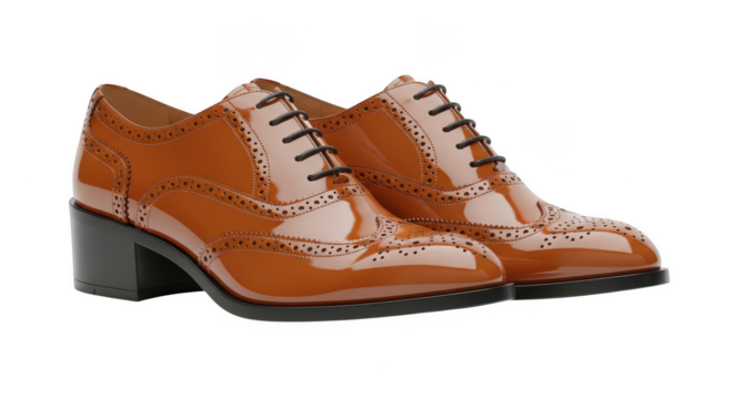 Glossy brown leather wingtip heeled oxford shoes isolated on transparent background