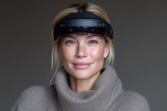 Confident woman wearing augmented reality glasses in a cozy knitted sweater presenting modern technology with a warm smile expressing innovation and engagement captured with clarity