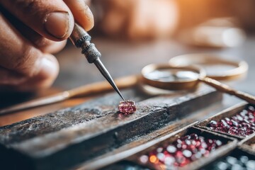 A jeweler meticulously setting sparkling pink gemstones into a delicate jewelry piece.