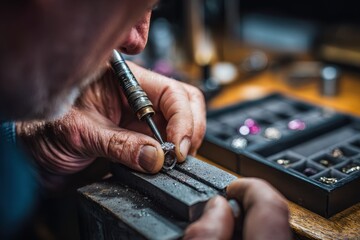 Master jeweler meticulously working on a diamond ring with precision tools.