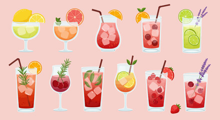 An assortment of colorful cartoon cocktails are displayed against a light pink background.
