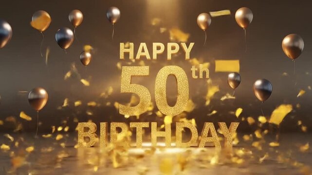 Golden 50th birthday celebration with balloons, confetti, and the words "Happy Birthday" in a festive display.