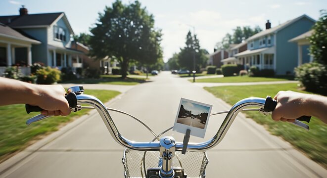 POV of bicycle ride down a sunny suburban street, vintage photo attached to handlebars