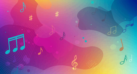 A colorful, abstract background features musical notes and symbols scattered across fluid shapes in vibrant hues.
