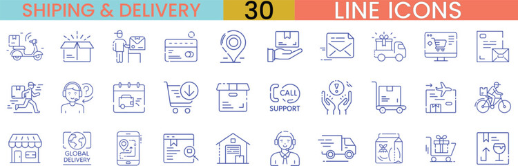 Shipping & Delivery Line Icons, 30 Vector Illustrations for Logistics, Delivery Services, and Packaging