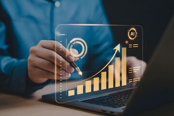 Rising Data Trend Visualization: A person intently examines a projected data visualization showcasing an upward trend, suggesting growth and success in a tech-driven, futuristic setting.