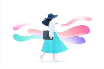 minimal illustration of young woman walking with shopping bag