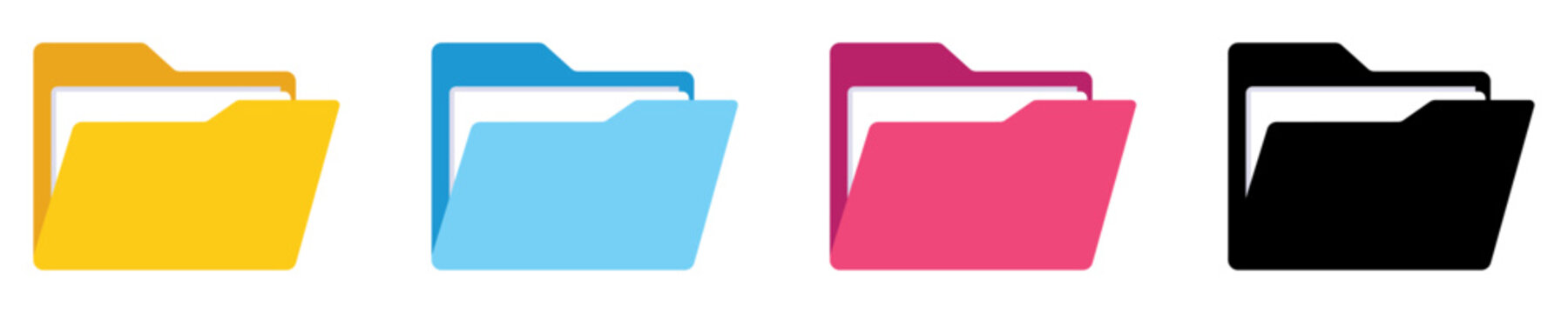 Set of four colored folder icons in yellow, blue, pink, and black. Ideal for file organization, user interface, storage system, digital design, apps, or web graphics.