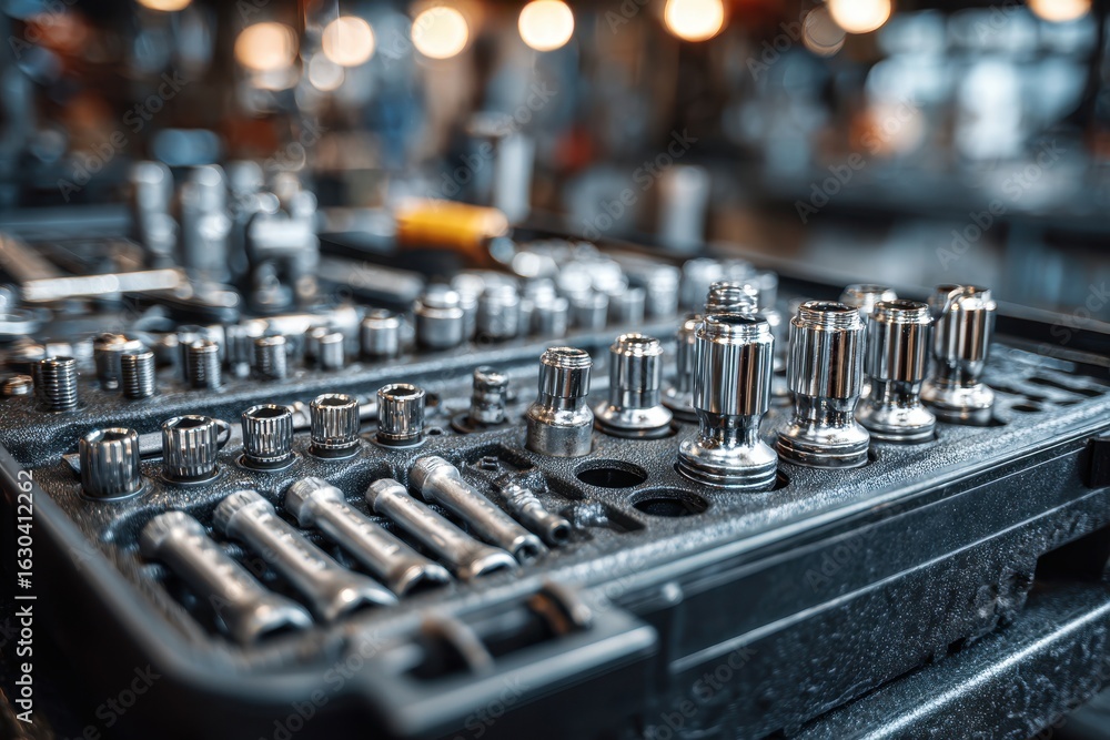 Poster a detailed view of shiny metal socket bits organized in a mechanic's toolbox.