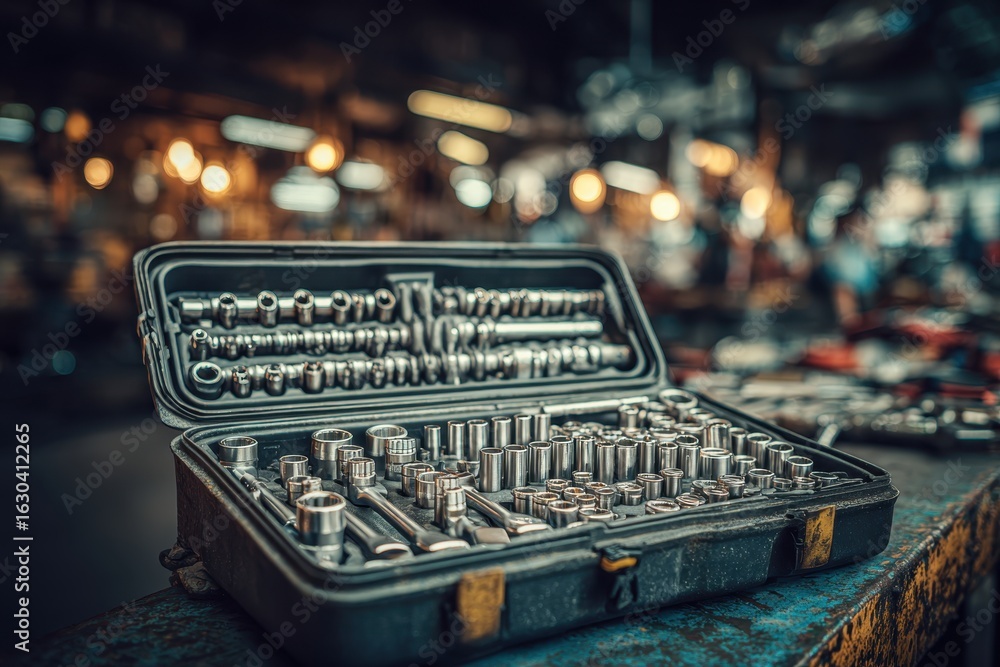 Aufkleber comprehensive metal socket wrench set open in a professional workshop.