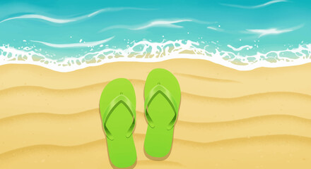 Fototapeta premium A pair of green flip-flops sits on a sandy beach with gentle waves in the background. 