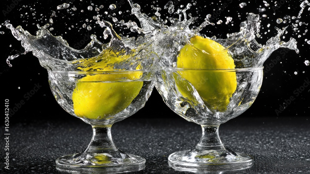 Poster two lemons splash into glass bowls creating a dynamic water effect on a dark background