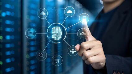 Fingerprint scanning interface with digital icons in a blue setting silhouette