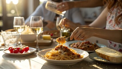 A group of people enjoying a meal of pasta and wine at an outdoor table silhouette