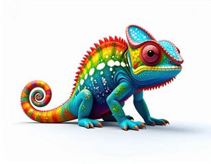 Fototapeta premium Vibrant Rainbow Chameleon Gecko with Bright Colors and Spiky Texture Showcasing Nature's Camouflage and Unique Pattern on White Background