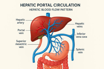 Hepatic Portal Circulation Illustration, blood flow, human anatomy, diagram, liver, veins and arteries [Illustration]