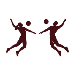 Volleyball Players Icon Set, Silhouette of Man and Woman Playing Volleyball Active, Dynamic, Sporty Design.