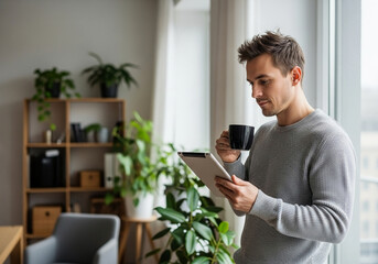 Man using tablet and drinking coffee near window in modern home office.