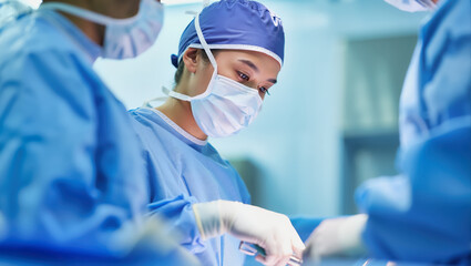 A team of professional surgeons and doctors perform a medical operation in a hospital clinic. Healthcare and teamwork in surgery.