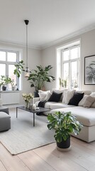 Naklejka premium Light and airy living room with modern furniture and plants.