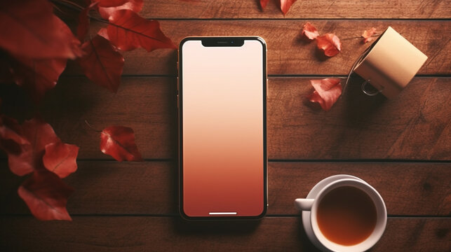 Smartphone with Tea Cup and Autumn Leaves on Wooden Table, Fall Season, Cozy Atmosphere - Powered by Adobe
