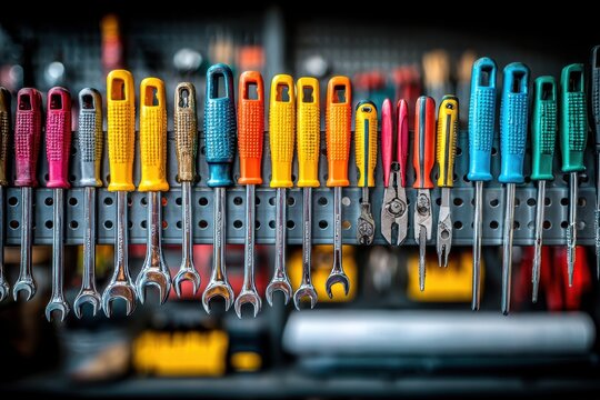 A vibrant collection of assorted hand tools neatly organized on a workshop rack.