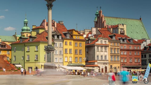 sunny day warsaw city center famous old town cafe terrace square panorama timelapse 4k poland